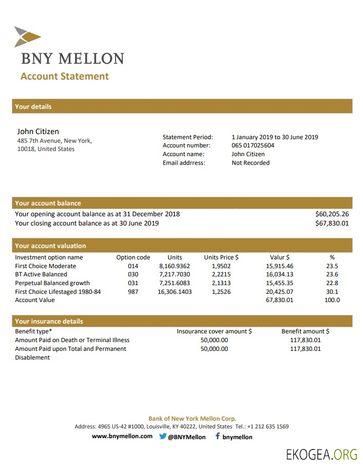 Modèle de relevé bancaire de preuve d'adresse USA Bank of New York Mellon au format Word et PDF (.doc et .pdf)
